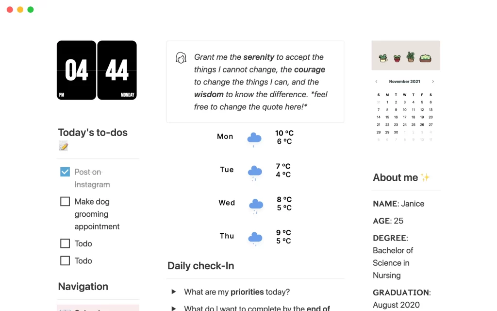 Student Dashboard notion template