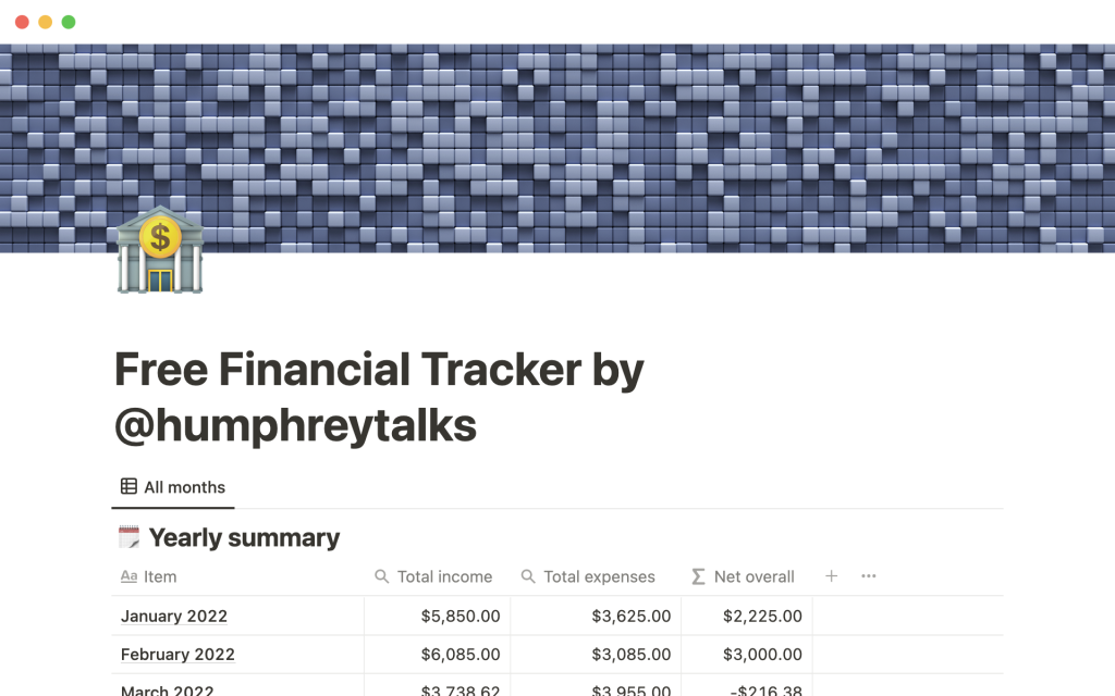 Financial tracker notion template