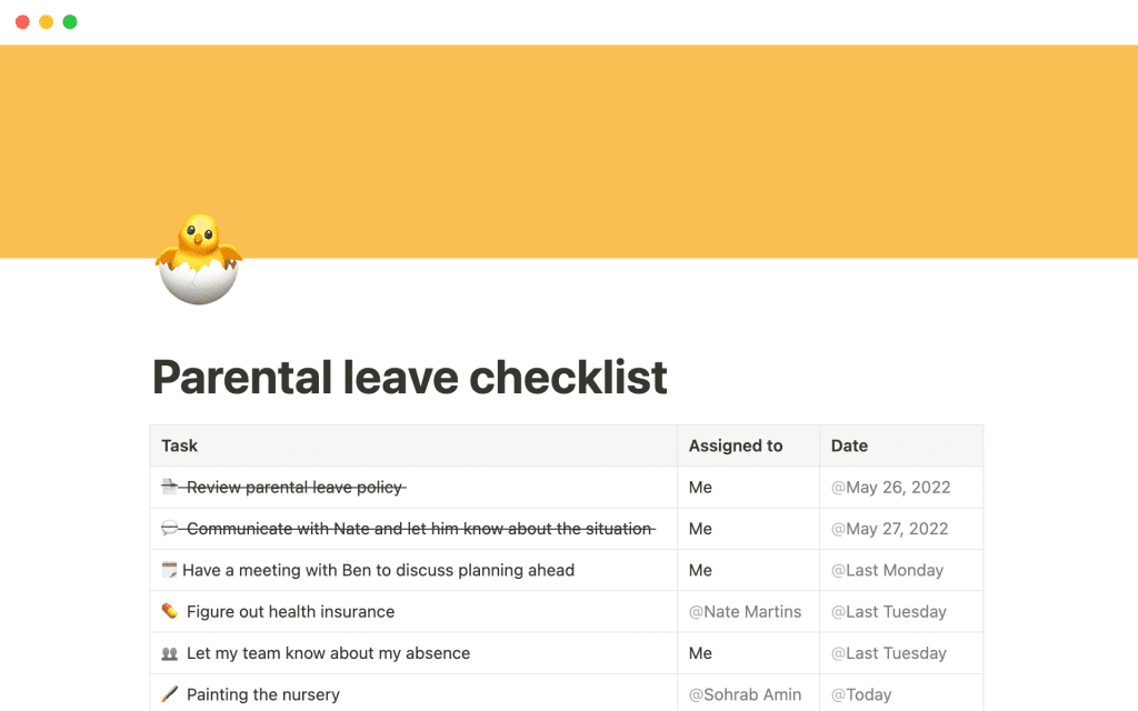 Parental leave checklist for Notion.so