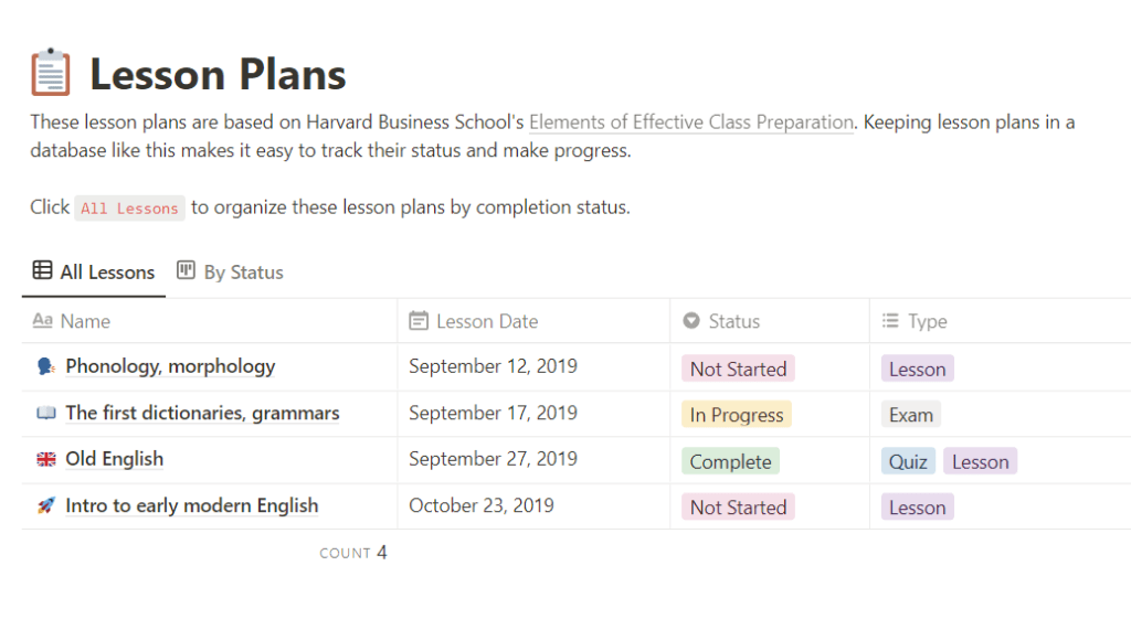 Lesson plans Notion Template