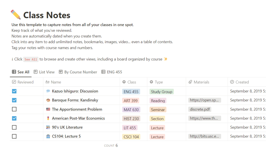 Class notes Notion Template