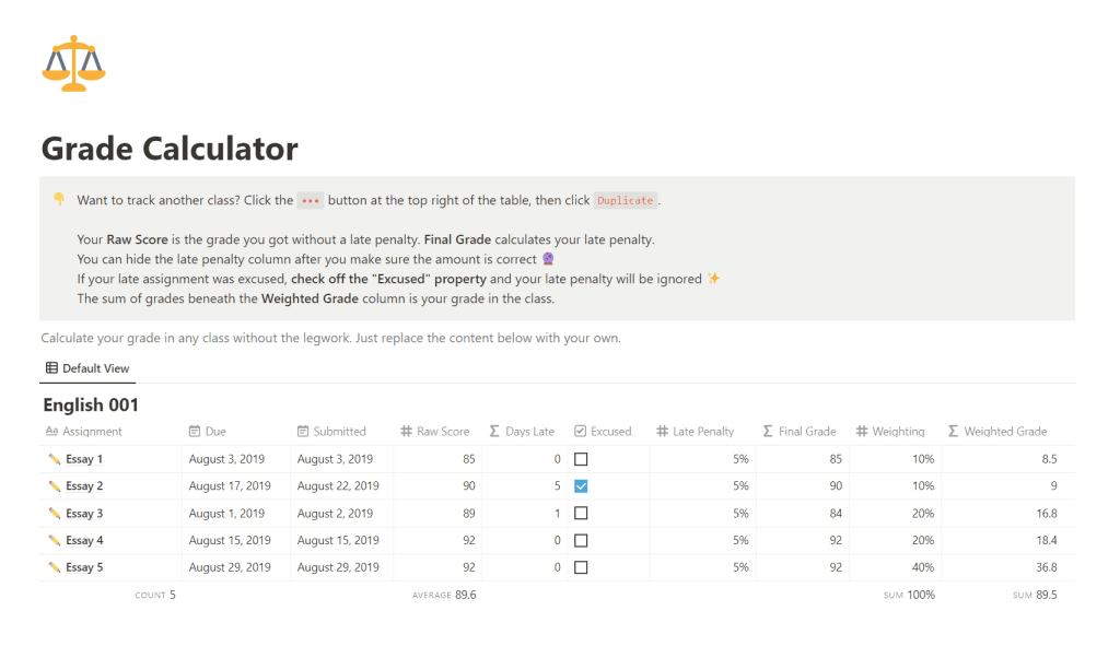 Grade calculator Notion Template