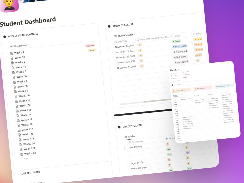 Student planner and dashboard notion template