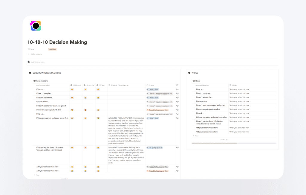 Collective Illusions:: Boost Your Decision-Making with our FREE 10-10-10 Rule Template! 