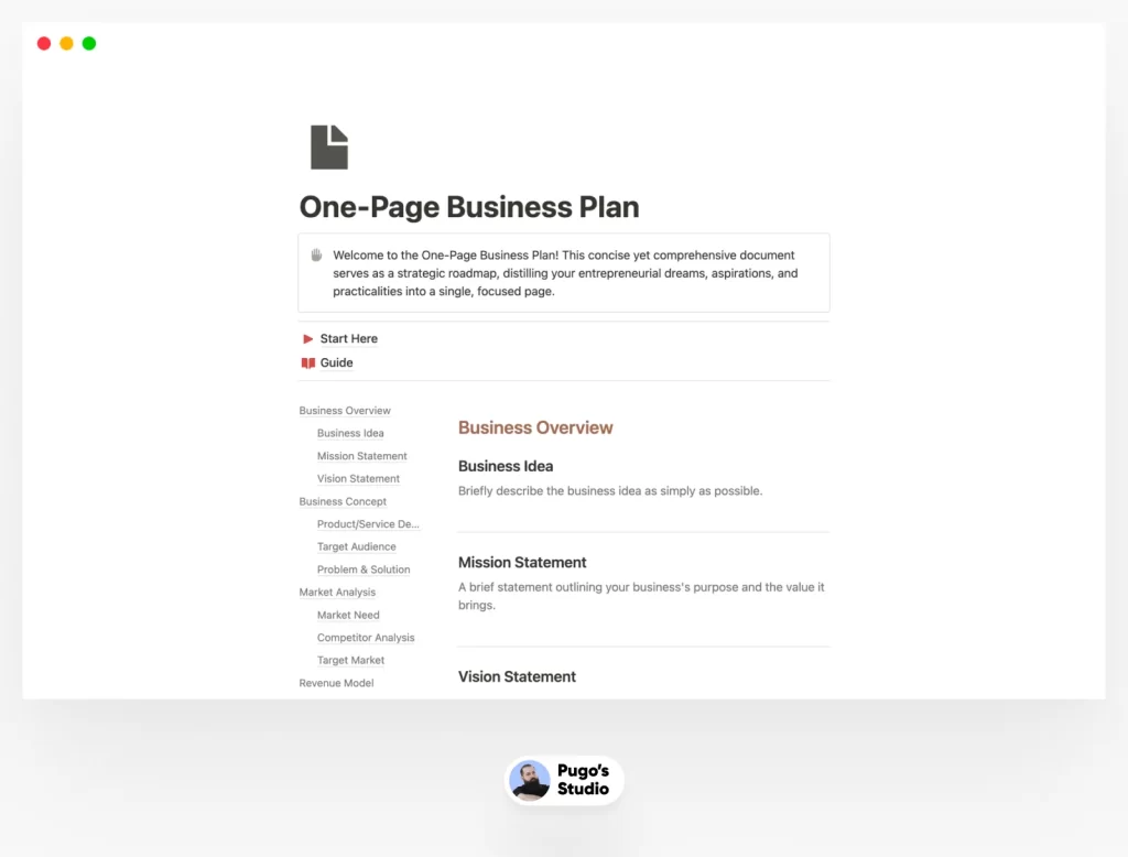 Notion One-Page Business Plan
