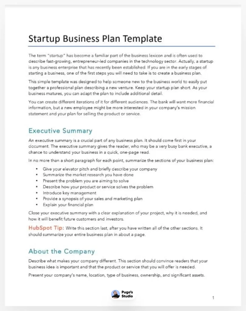 Free Startup Business Plan Template