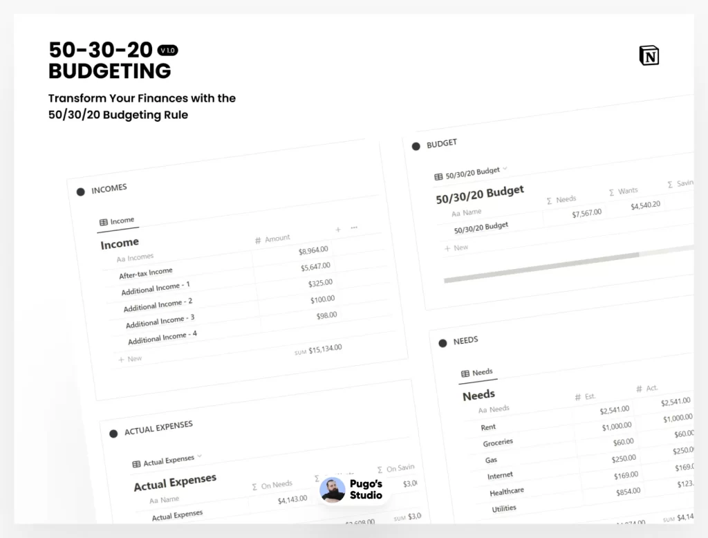 Free 50/30/20 Budgeting Template for Notion