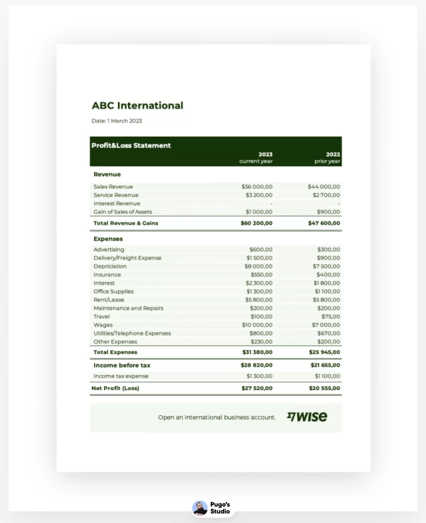 profit and loss statement template